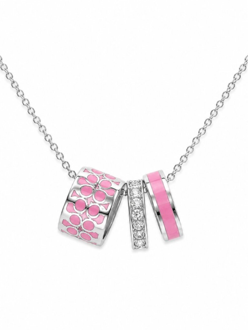 COACH Silver Necklace with Pink Enamel & Crystal Ring Charms $128 MSRP NWT - Picture 1 of 7